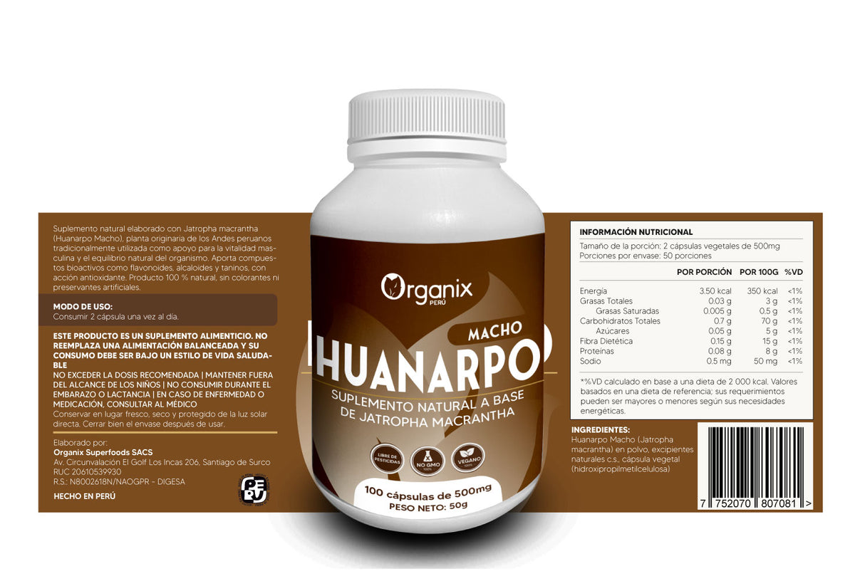Etiqueta posterior de Cápsulas de Huanarpo Macho Organix Perú con tabla nutricional, ingredientes y modo de consumo