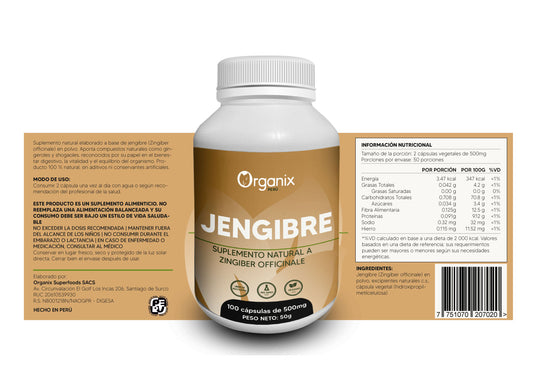 Etiqueta y tabla nutricional de las cápsulas de jengibre en polvo Organix Perú – información del producto natural