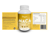 Frasco de cápsulas de Harina de Maca Amarilla Gelatinizada Organix Perú con etiqueta completa visible, suplemento natural andino energizante, 100% puro y de alta calidad.