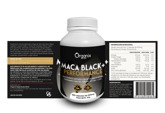 Etiqueta posterior de Maca Black+ Performance con información nutricional y composición detallada del suplemento de Organix Perú.