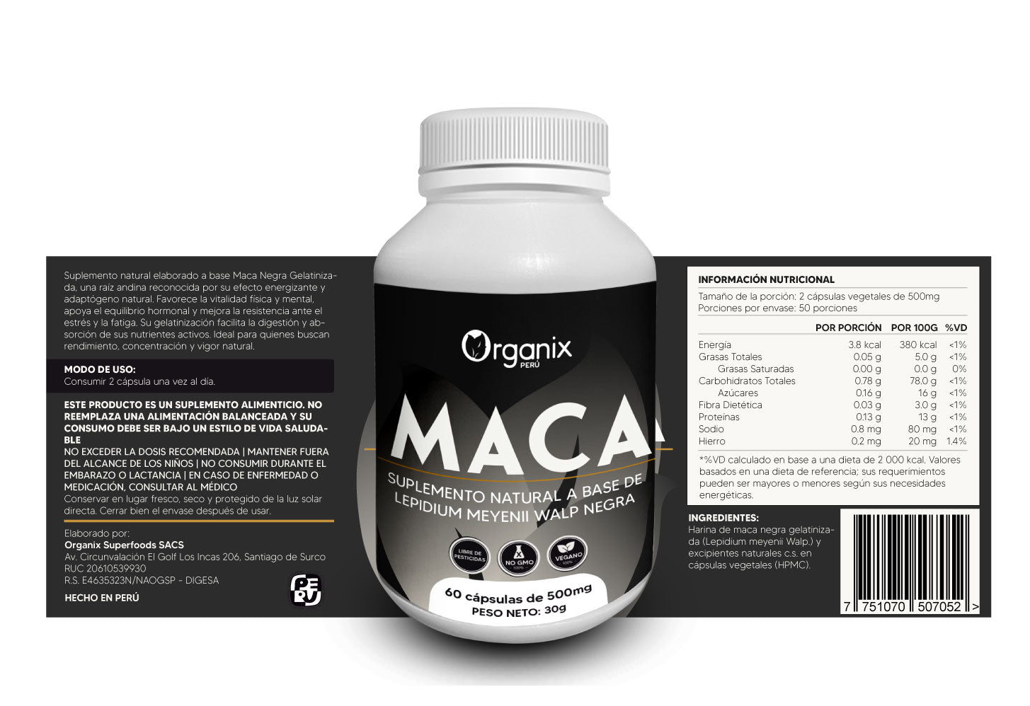Maca Negra Gelatinizada Organix Perú – información nutricional y presentación.