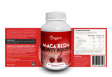 Etiqueta posterior del suplemento Maca Red+ Beauty Boost de Organix Perú con tabla nutricional y composición detallada.