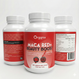 Etiqueta posterior del suplemento Maca Red+ Beauty Boost de Organix Perú con tabla nutricional y composición detallada.