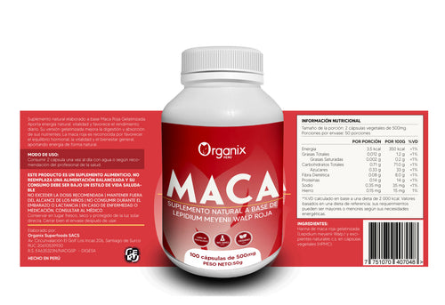 Etiqueta posterior del frasco de Cápsulas de Maca Roja Gelatinizada Organix Perú con tabla nutricional y composición natural. Cápsulas de Maca Roja Gelatinizada de Organix Perú, suplemento natural andino que apoya el equilibrio hormonal, la energía y el bienestar. Producto 100% natural, sin aditivos, ideal para hombres y mujeres.