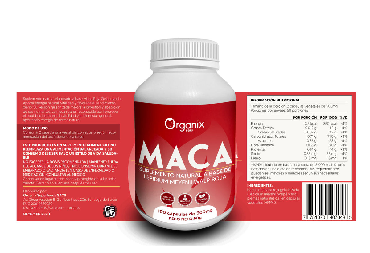 Etiqueta posterior del frasco de Cápsulas de Maca Roja Gelatinizada Organix Perú con tabla nutricional y composición natural. Cápsulas de Maca Roja Gelatinizada de Organix Perú, suplemento natural andino que apoya el equilibrio hormonal, la energía y el bienestar. Producto 100% natural, sin aditivos, ideal para hombres y mujeres.