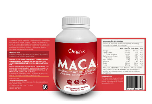 Etiqueta posterior del frasco de Cápsulas de Maca Roja Gelatinizada Organix Perú con tabla nutricional y composición natural. Cápsulas de Maca Roja Gelatinizada de Organix Perú, suplemento natural andino que apoya el equilibrio hormonal, la energía y el bienestar. Producto 100% natural, sin aditivos, ideal para hombres y mujeres.