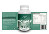Etiqueta posterior de cápsulas de Moringa Organix Perú con tabla nutricional completa, vitaminas, minerales y modo de consumo.