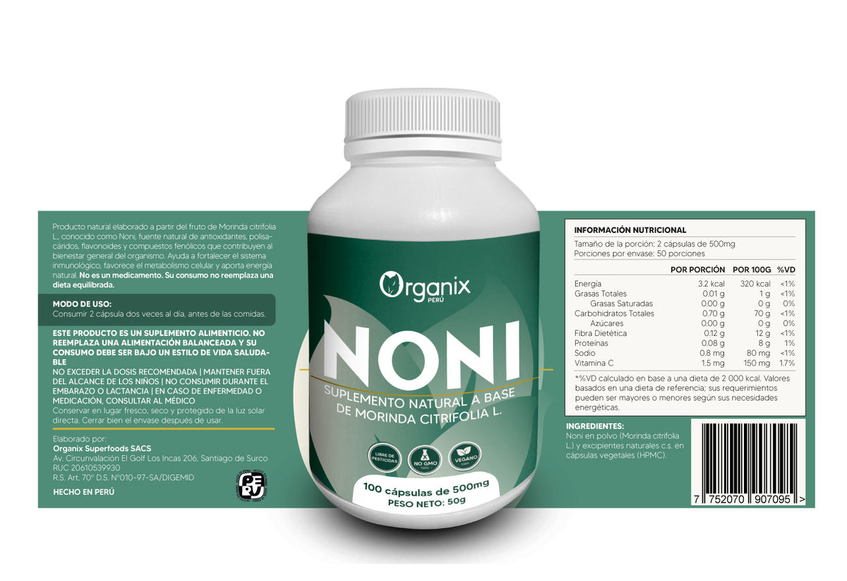 Etiqueta posterior de Cápsulas de Noni Organix Perú con tabla nutricional y valores diarios.