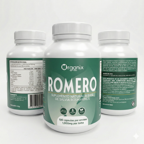 Etiqueta nutricional de cápsulas de romero con ingredientes, dosis y valores nutricionales por porción