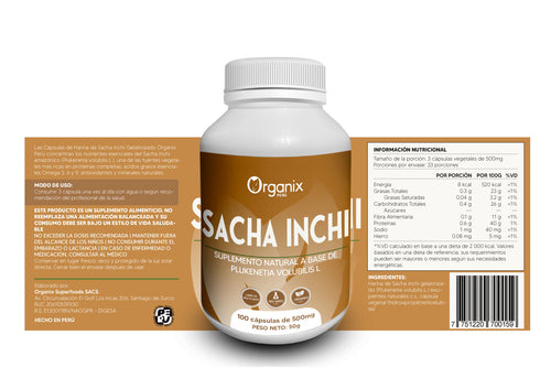Etiqueta posterior de Cápsulas de Sacha Inchi Gelatinizado Organix Perú con tabla nutricional, ingredientes y valores diarios