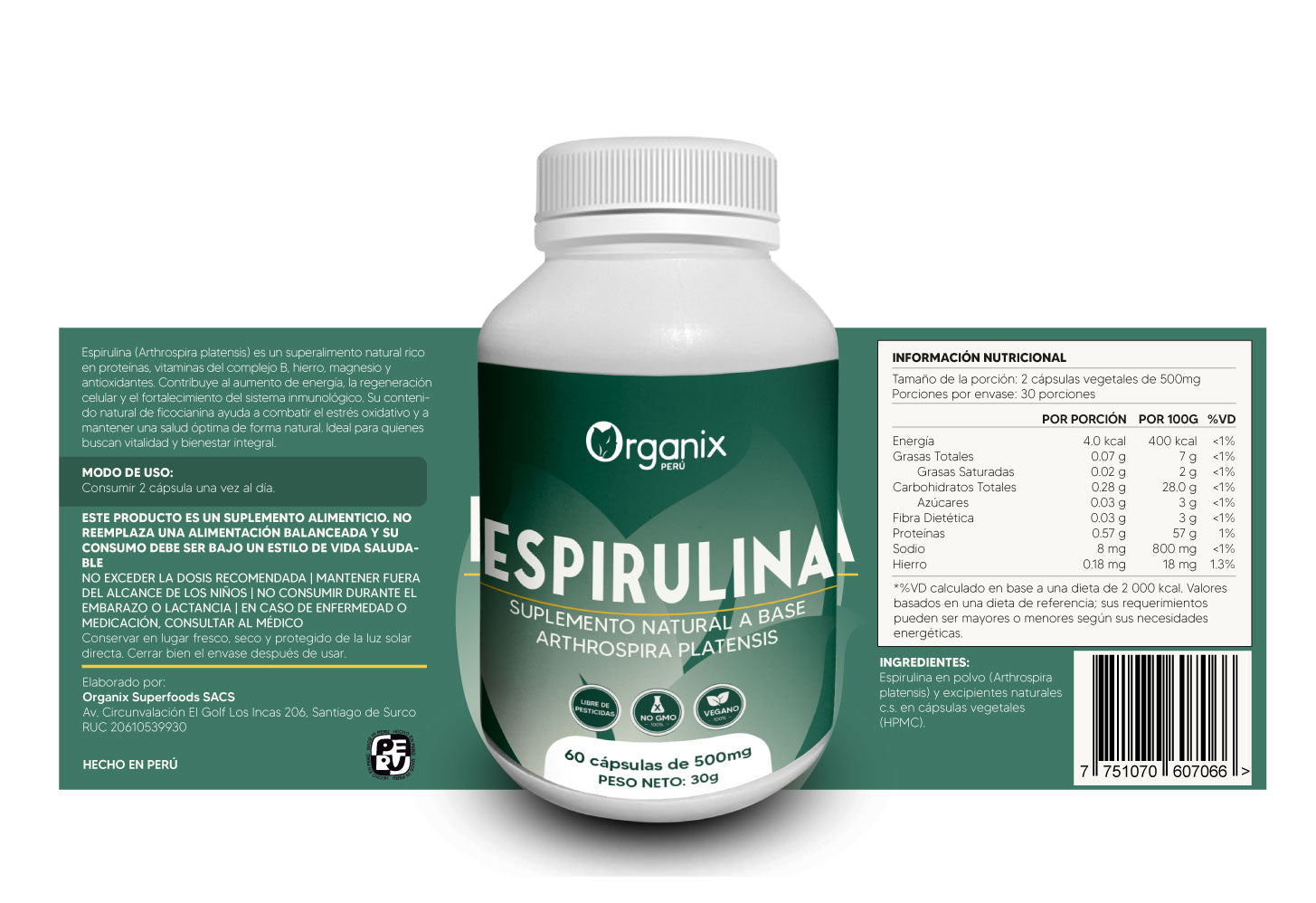 Cápsulas de Espirulina Organix Perú con tabla nutricional completa – suplemento 100% natural.
