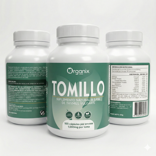 Etiqueta nutricional cápsulas de tomillo ORGANIX PERU ingredientes modo de uso beneficios digestivos y respiratorios
