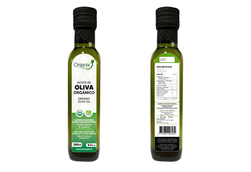 Botella de Aceite de Oliva Orgánico Organix Perú de 250ml, vista frontal y trasera mostrando etiqueta y valores nutricionales.