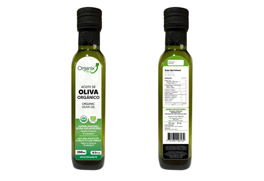 Botella de Aceite de Oliva Orgánico Organix Perú de 250ml, vista frontal y trasera mostrando etiqueta y valores nutricionales.
