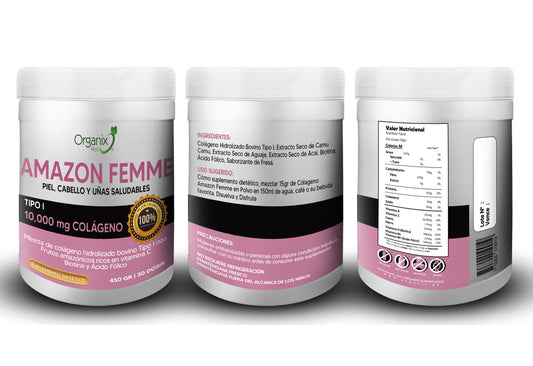 Suplemento Colágeno Amazon Femme 450g con información nutricional detallada y fórmula antioxidante natural.