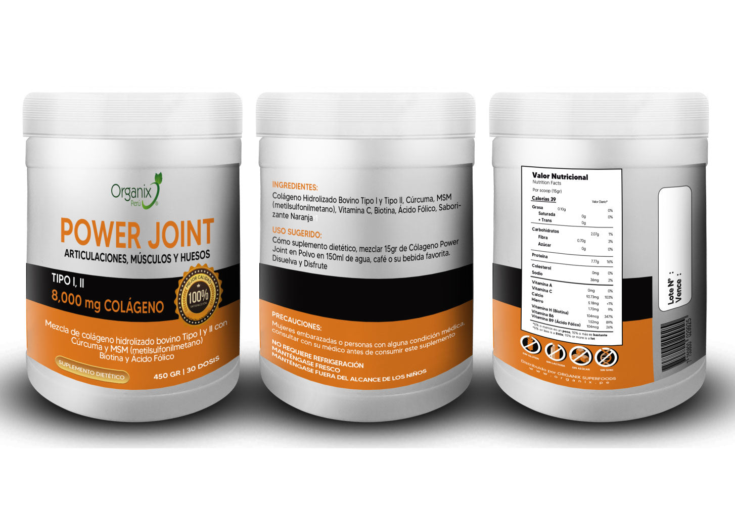 Colágeno Power Joint Organix Perú con tabla nutricional completa – Fórmula para articulaciones y cartílagos