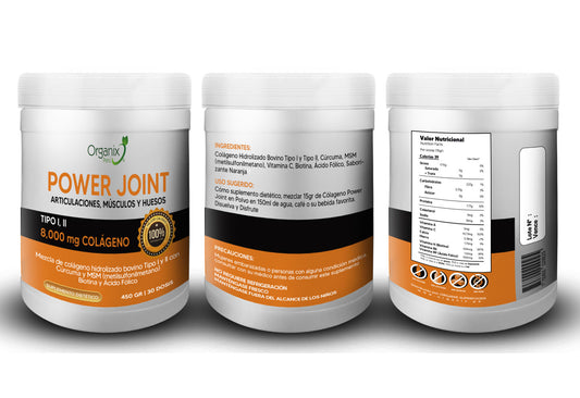 Colágeno Power Joint Organix Perú con tabla nutricional completa – Fórmula para articulaciones y cartílagos