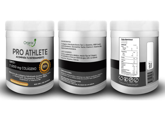 Colágeno Pro Athlete Organix Perú – Información nutricional completa para deportistas.