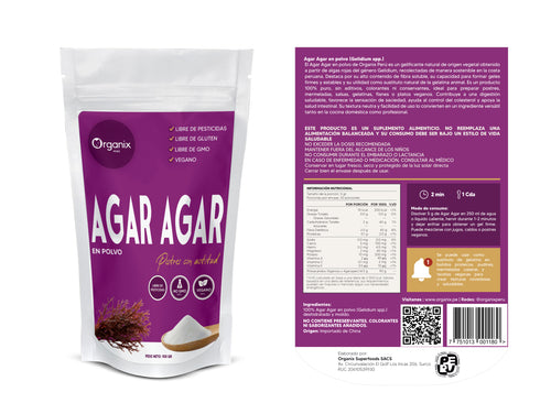 Tabla nutricional del Agar Agar en polvo Organix Perú, vitaminas, minerales y fibra