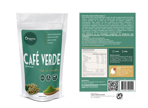 Etiqueta trasera Café Verde Organix Perú con tabla nutricional y modo de consumo (porción 5 g)