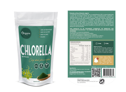 Etiqueta trasera Chlorella en Polvo Organix Perú tabla nutricional