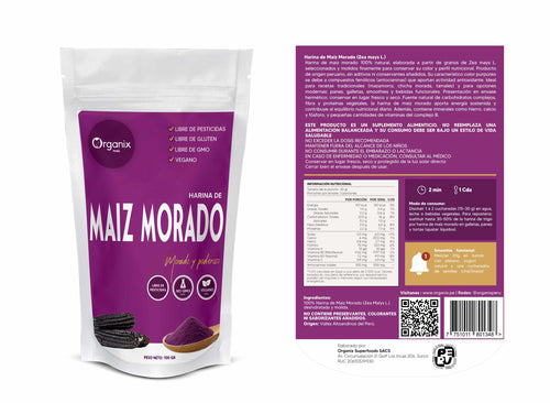 Etiqueta posterior Harina de Maíz Morado Organix Perú con tabla nutricional completa.