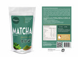 Parte trasera del envase Matcha Organix Perú con tabla nutricional e ingredientes