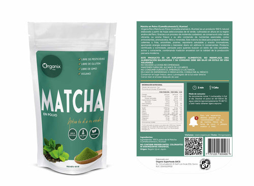 Parte trasera del envase Matcha Organix Perú con tabla nutricional e ingredientes