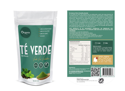 Etiqueta trasera Té verde Organix Perú con tabla nutricional y modo de consumo (valores estimados)