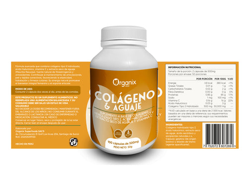 Etiqueta posterior con tabla nutricional de colágeno hidrolizado Organix Perú