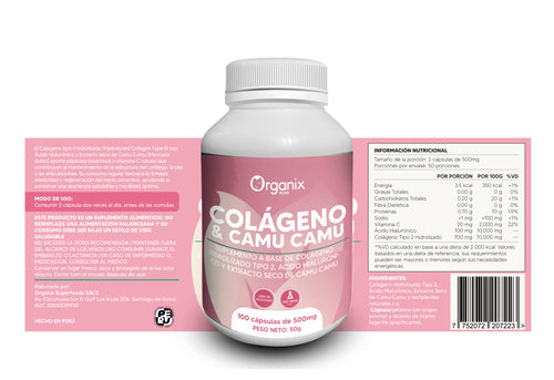 Tabla nutricional de cápsulas de colágeno hidrolizado, ácido hialurónico y extracto de camu camu Organix Perú