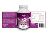 Etiqueta posterior de Cápsulas de Maíz Morado en Polvo Organix Perú con tabla nutricional detallada.