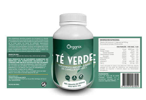 Parte trasera Organix Perú Cápsulas de Harina de Té Verde – tabla nutricional y composición