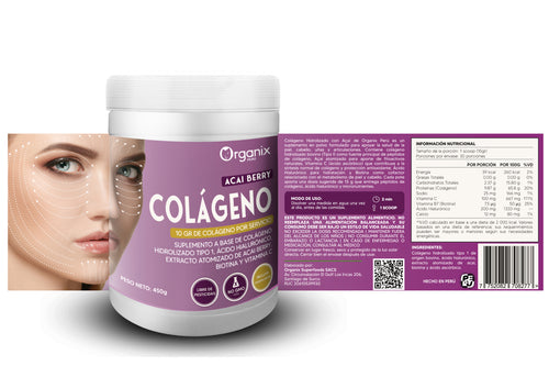 Parte trasera del envase con tabla nutricional y lista de ingredientes de Colágeno Hidrolizado con Açaí Organix Perú (450 g)