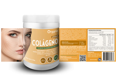 Etiqueta posterior con tabla nutricional y composición del Colágeno con Ácido Hialurónico y Aguaje Organix Perú.