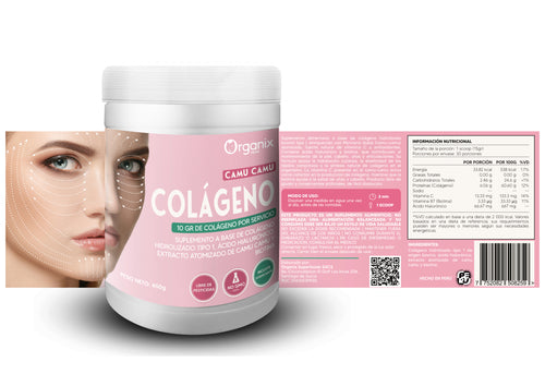 Etiqueta trasera con tabla nutricional e ingredientes - Colágeno Hidrolizado con Camu-camu Organix Perú 450 g