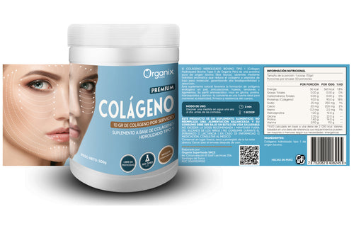 Información nutricional del Colágeno Hidrolizado Bovino Tipo I Organix Perú.