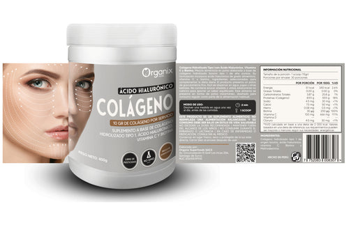 Colágeno Hidrolizado Tipo I con Ácido Hialurónico, Vitamina C y Biotina, vista por la parte posterior. Se observan la tabla nutricional, lista de ingredientes, modo de uso y detalles del etiquetado.