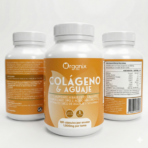 Etiqueta posterior con tabla nutricional de colágeno hidrolizado Organix Perú