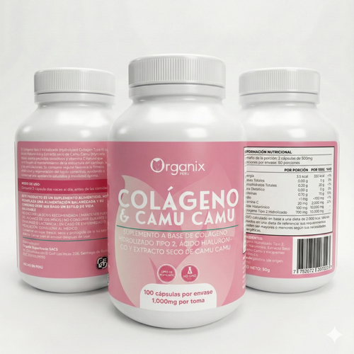 Tabla nutricional de cápsulas de colágeno hidrolizado, ácido hialurónico y extracto de camu camu Organix Perú