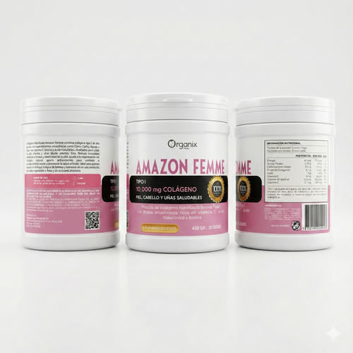Suplemento Colágeno Amazon Femme 450g con información nutricional detallada y fórmula antioxidante natural.