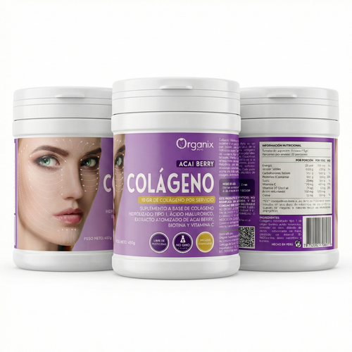 Parte trasera del envase con tabla nutricional y lista de ingredientes de Colágeno Hidrolizado con Açaí Organix Perú (450 g)