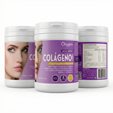 Pote de 450 g de Colágeno Hidrolizado Marino, acido hialurónico, vitamina C y Biotina con Açaí Organix Perú — sabor fresa, vista de todos los lados, mostrando tabla nutricional