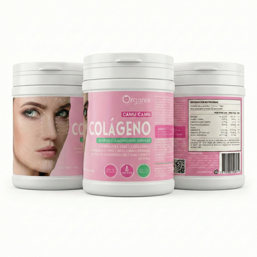 Etiqueta trasera con tabla nutricional e ingredientes - Colágeno Hidrolizado con Camu-camu, ácido hialurónico y biotina - Organix Perú 450 g