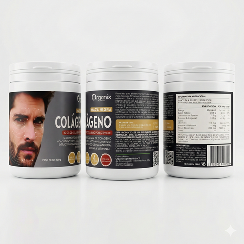 Colágeno Organix Maca Negra para hombres: Tres vistas del envase del suplemento en polvo de 450g, mostrando la etiqueta con información sobre sus ingredientes (colágeno hidrolizado, maca negra, ácido hialurónico), beneficios y tabla nutricional