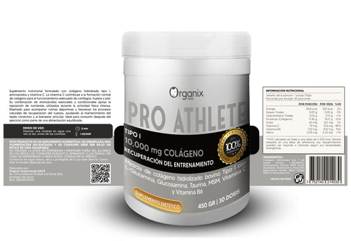 Colágeno Pro Athlete Organix Perú – Información nutricional completa para deportistas.