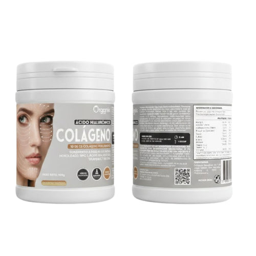 Colágeno Hidrolizado Tipo I con Ácido Hialurónico, Vitamina C y Biotina, vista por la parte posterior. Se observan la tabla nutricional, lista de ingredientes, modo de uso y detalles del etiquetado.