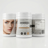 Colágeno Hidrolizado Tipo I con Ácido Hialurónico, Vitamina C y Biotina, vista por la parte posterior. Se observan la tabla nutricional, lista de ingredientes, modo de uso y detalles del etiquetado.