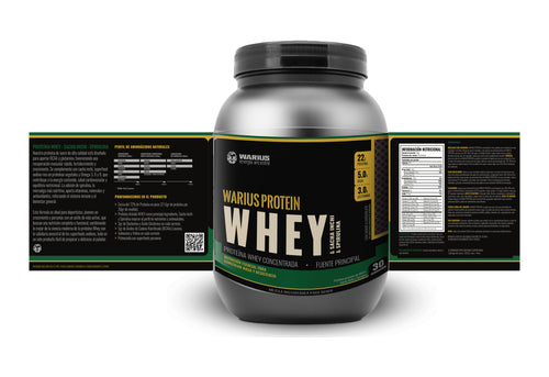 Etiqueta completa WARIUS PROTEIN pote 900 g — Proteina WHEY ANDINA envase blanco con etiqueta vainilla-cacao y logo Organix Perú