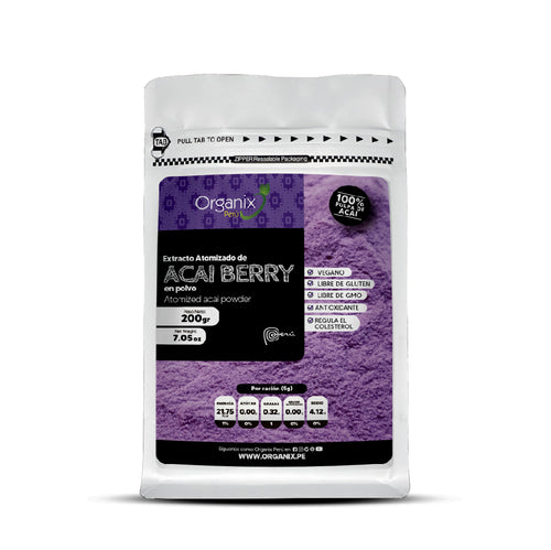 Doypack de Açaí Atomizado Organix Perú 100% natural, antioxidante y fuente de omegas.